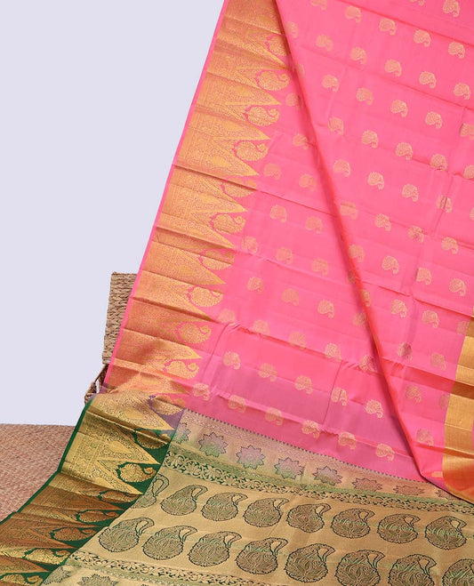 Pink zari buttas silk saree, contrast intricate pallu & border of manga,kodi visiry,kamalam,kuyil kann & mayil