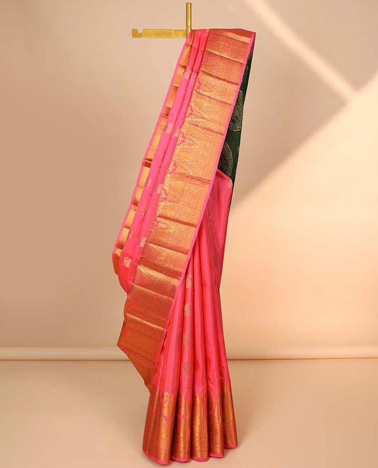 Pink zari buttas silk saree, contrast intricate pallu & border of manga,kodi visiry,kamalam,kuyil kann & mayil