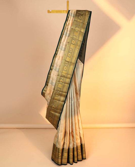 Cream geometric design silksaree,contrast paiyadi kattam pallu & border of rettai neli,muthu,mayil chakram & kuyil kann