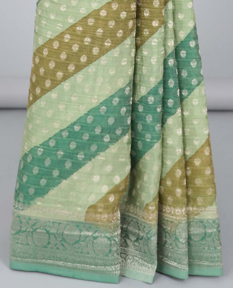 Multi-color rangkat-style crushed tissue saree with buttas, traditional design border & intricate pallu