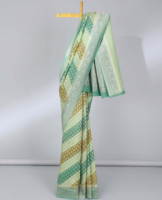 Multi-color rangkat-style crushed tissue saree with buttas, traditional design border & intricate pallu