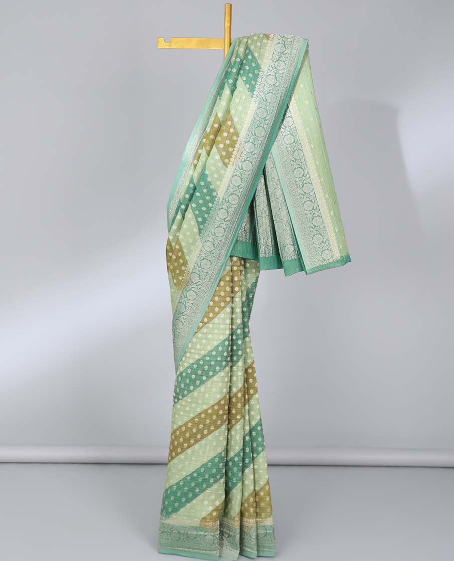 Multi-color rangkat-style crushed tissue saree with buttas, traditional design border & intricate pallu