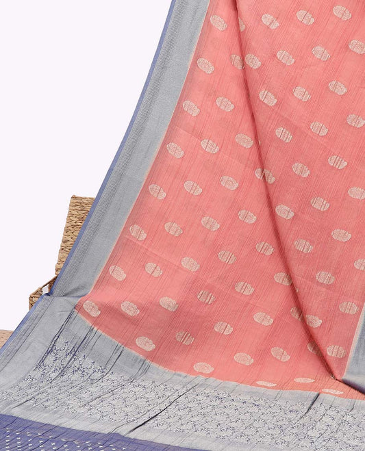 Peach crushed tissue saree with buttas, contrast traditional design border & intricate pallu