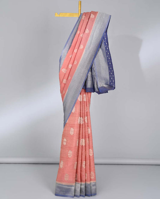 Peach crushed tissue saree with buttas, contrast traditional design border & intricate pallu