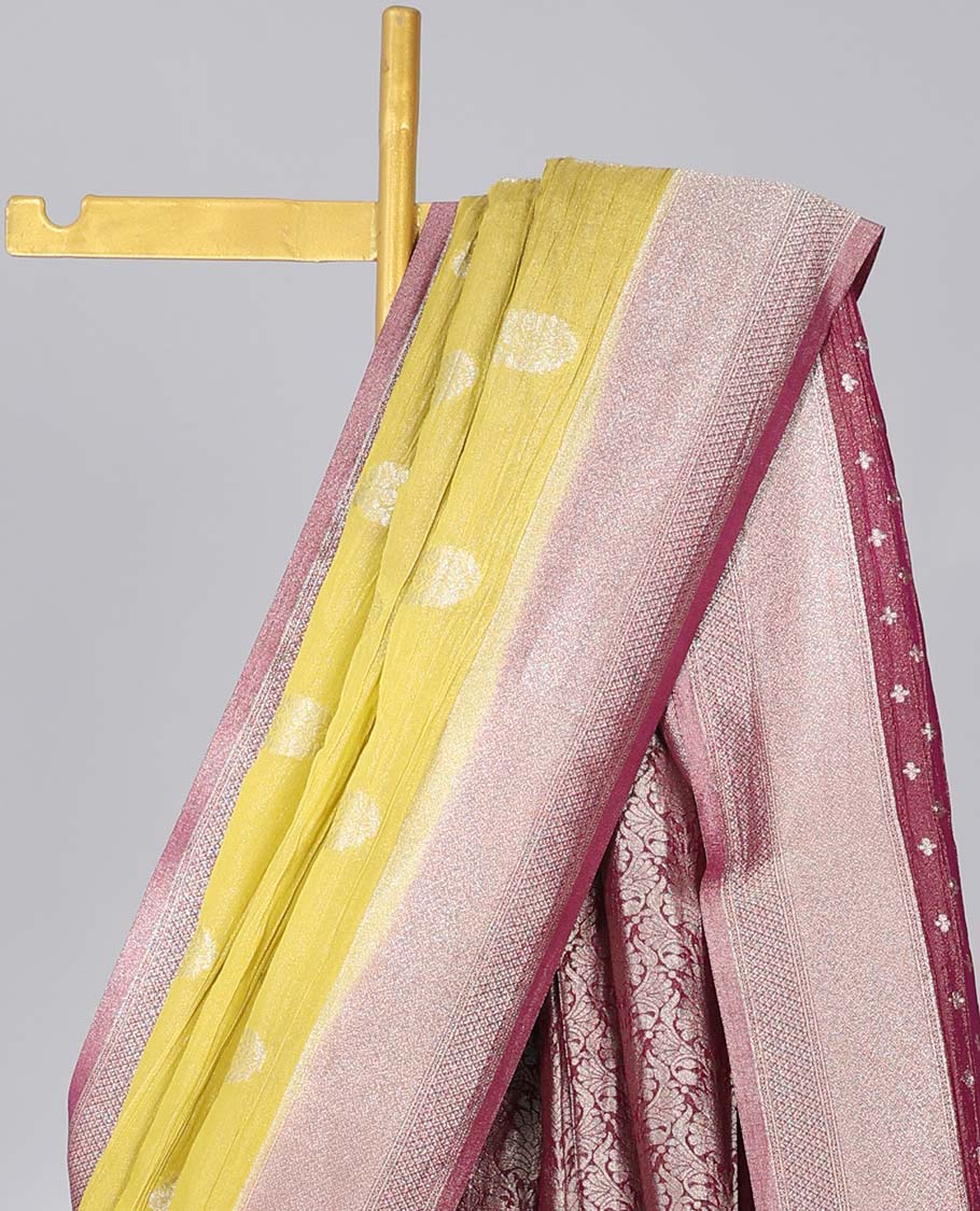 Yellow crushed tissue saree with buttas, contrast traditional design border & intricate pallu