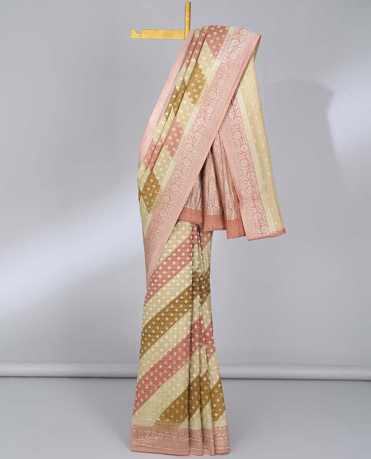 Multi-color rangkat-style crushed tissue saree with buttas, traditional design border & intricate pallu
