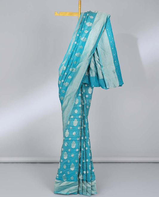 Blue crushed tissue saree with buttas, traditional design border & jaal pallu