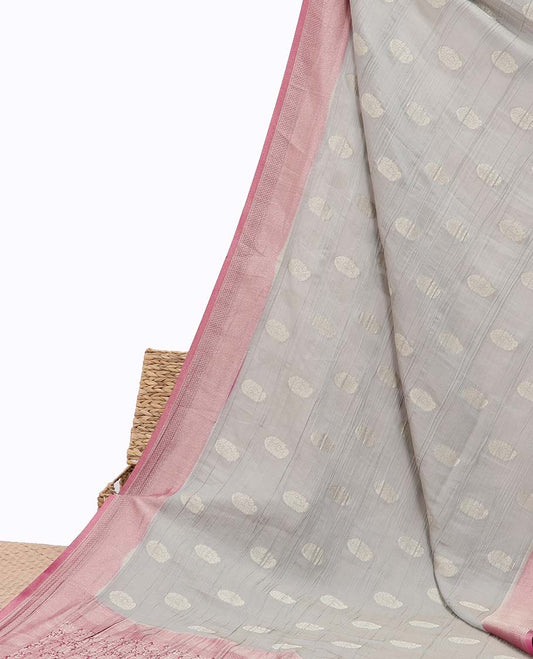 Grey crushed tissue saree with buttas, contrast traditional design border & intricate pallu