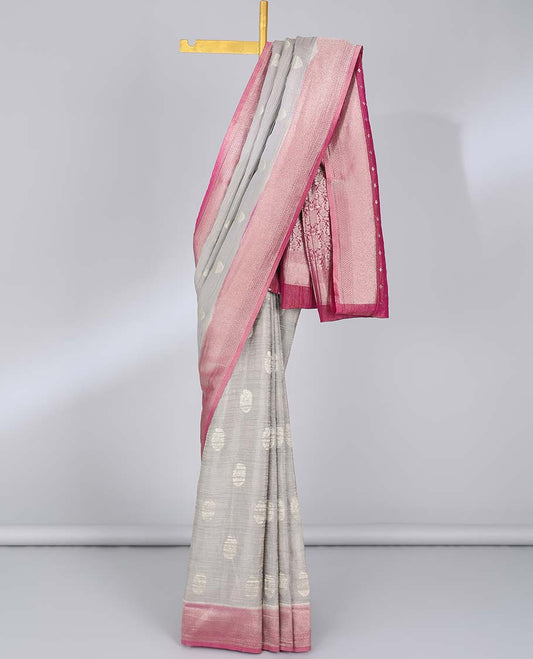 Grey crushed tissue saree with buttas, contrast traditional design border & intricate pallu