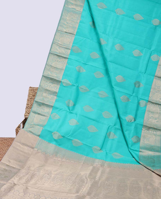 Blue zari buttas silk saree, zari border of manga,kamalam,muthu,mayil & yaanai & contrast intricate pallu