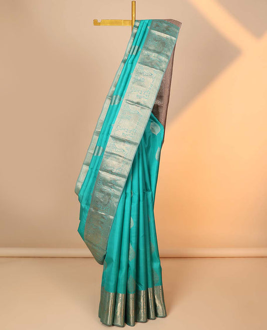 Blue zari buttas silk saree, zari border of manga,kamalam,muthu,mayil & yaanai & contrast intricate pallu