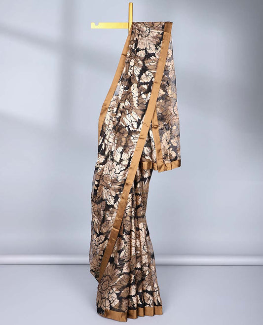 Brown floral motifs printed casual wear saree, contrast plain border