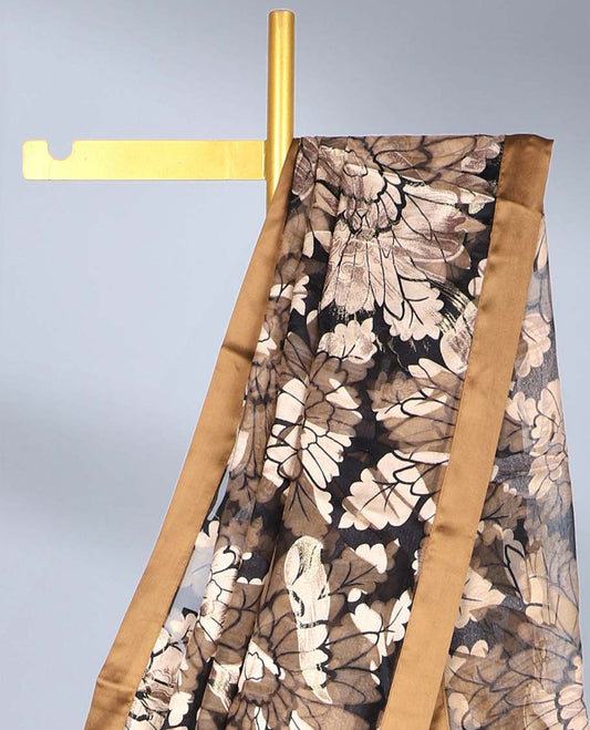 Brown floral motifs printed casual wear saree, contrast plain border