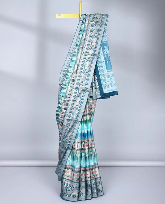 Multi-color abstract & floral printed casual wear saree, contrast border & pallu of floral & geometric patterns