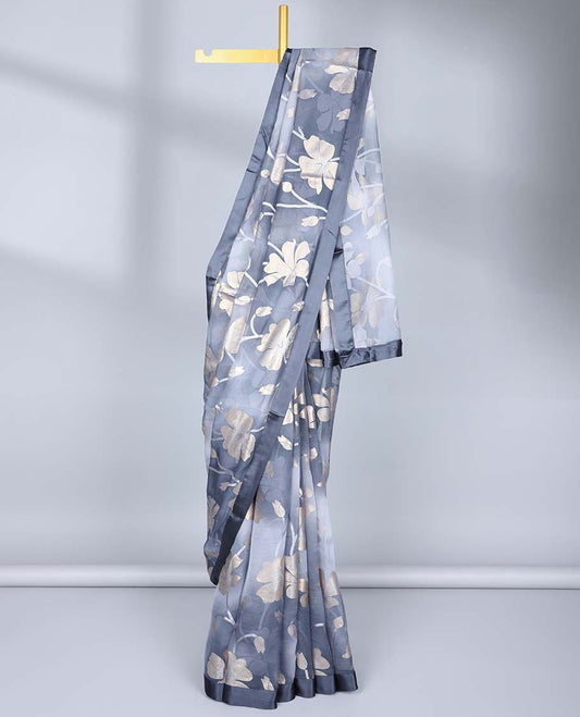 Grey abstract floral printed casual wear saree, plain border