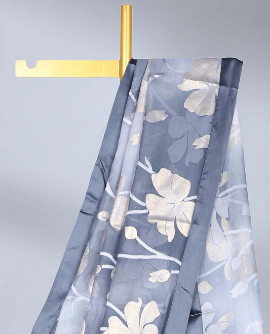 Grey abstract floral printed casual wear saree, plain border