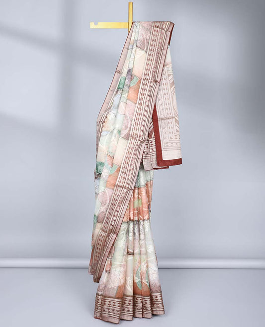 Multi-color uniquely floral design casual wear saree, contrast border & pallu of geometric patterns