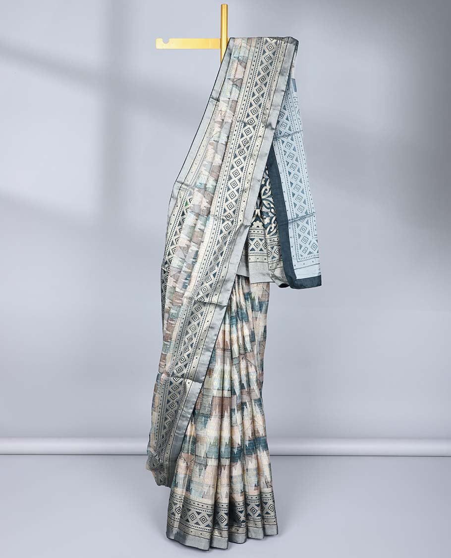 Multi-color geometric printed casual wear saree, self-border & pallu features geometric patterns
