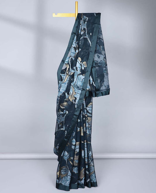 Blue abstract printed & glitter work casual wear saree, plain border