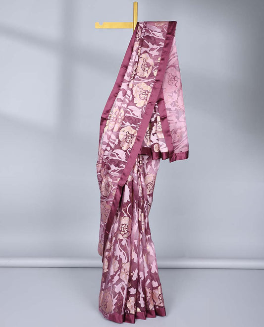 Pink & burgundy abstract printed & glitter work casual wear saree, plain border