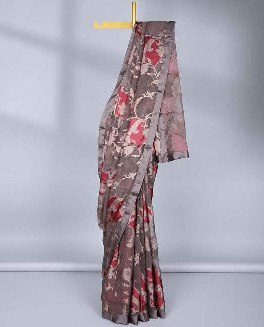 Grey rankat-style floral printed casual wear saree, plain border