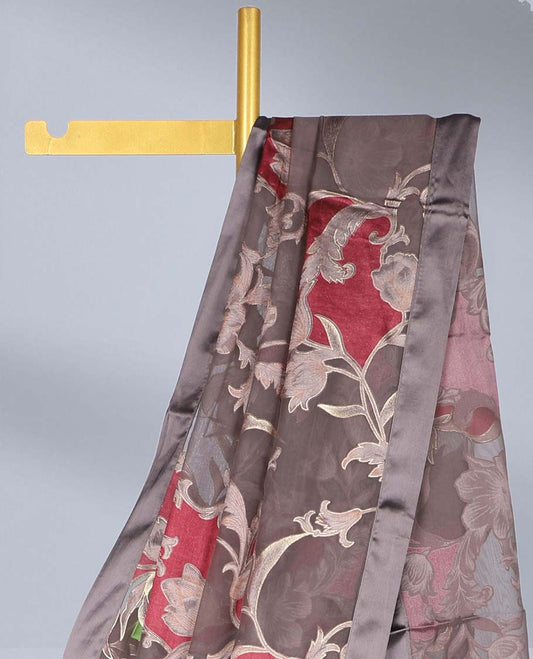 Grey rankat-style floral printed casual wear saree, plain border