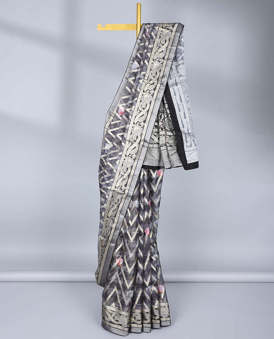 Grey abstract floral printed & chevron striped casual wear saree, floral creeper border & floral design pallu