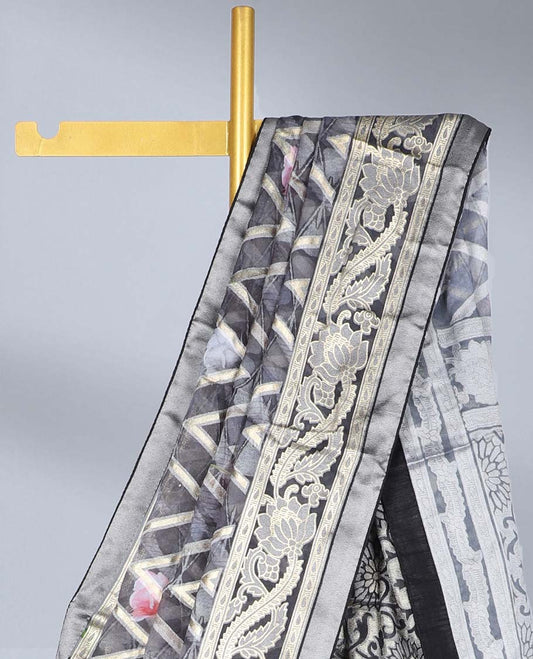 Grey abstract floral printed & chevron striped casual wear saree, floral creeper border & floral design pallu
