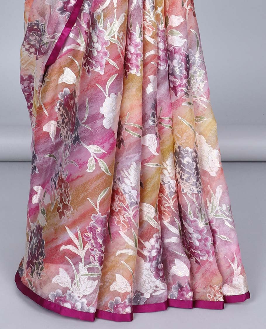 Multi-color abstract & floral printed casual wear saree, contrast thin border