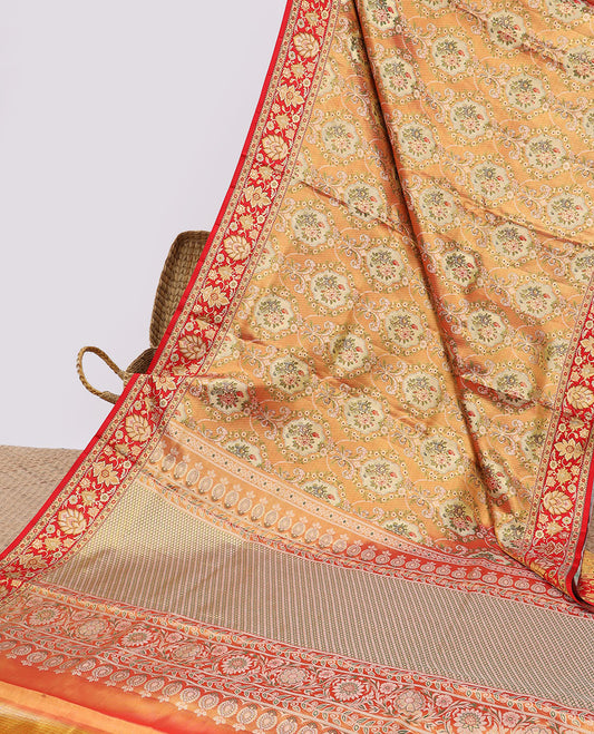 Orange floral meenakari jacquard silk saree, contrast floral design border & meenakari jaal pallu