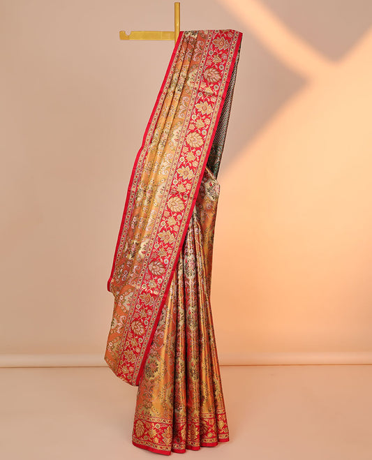 Orange floral meenakari jacquard silk saree, contrast floral design border & meenakari jaal pallu