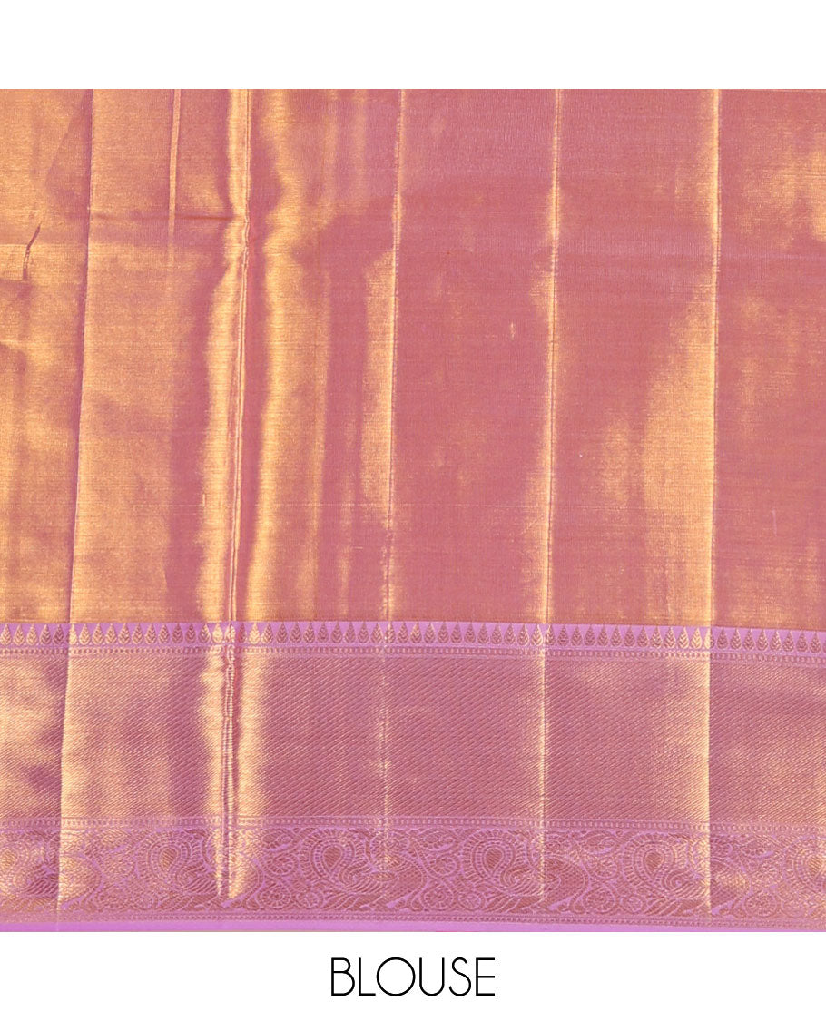 Orange jacquard silk saree, contrast intricate pallu & border of thilakam,muthu,zari stripes & mayil designs