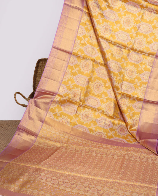Orange jacquard silk saree, contrast intricate pallu & border of thilakam,muthu,zari stripes & mayil designs
