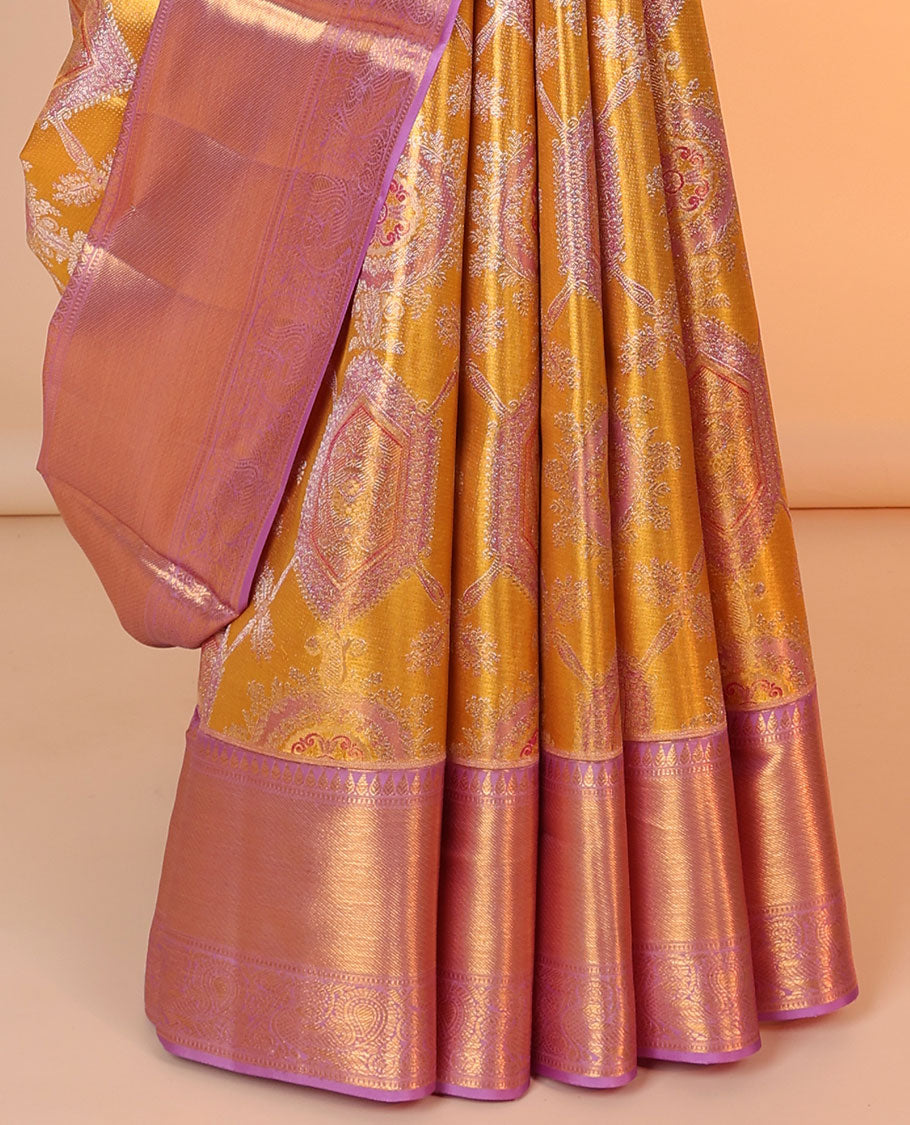 Orange jacquard silk saree, contrast intricate pallu & border of thilakam,muthu,zari stripes & mayil designs
