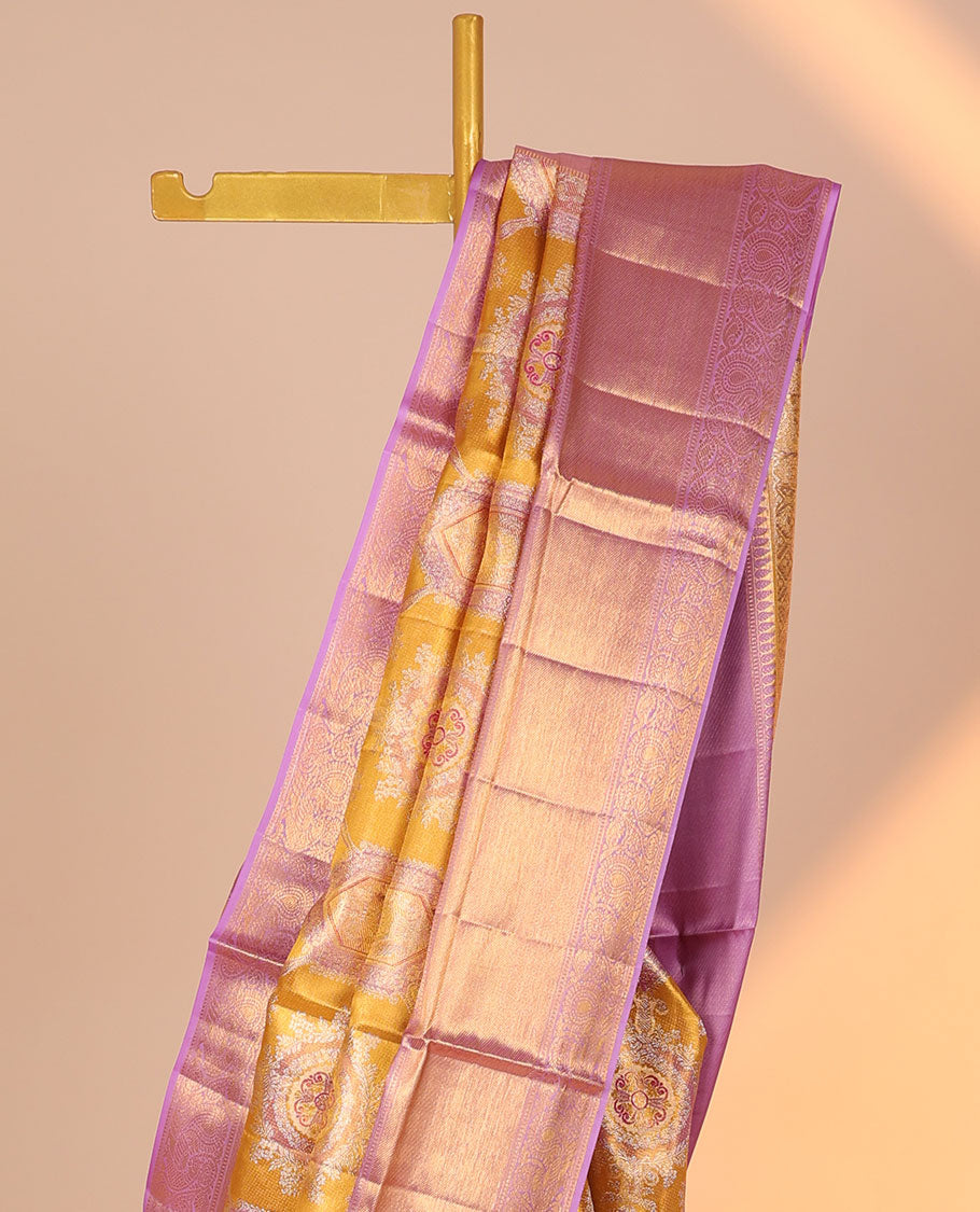 Orange jacquard silk saree, contrast intricate pallu & border of thilakam,muthu,zari stripes & mayil designs