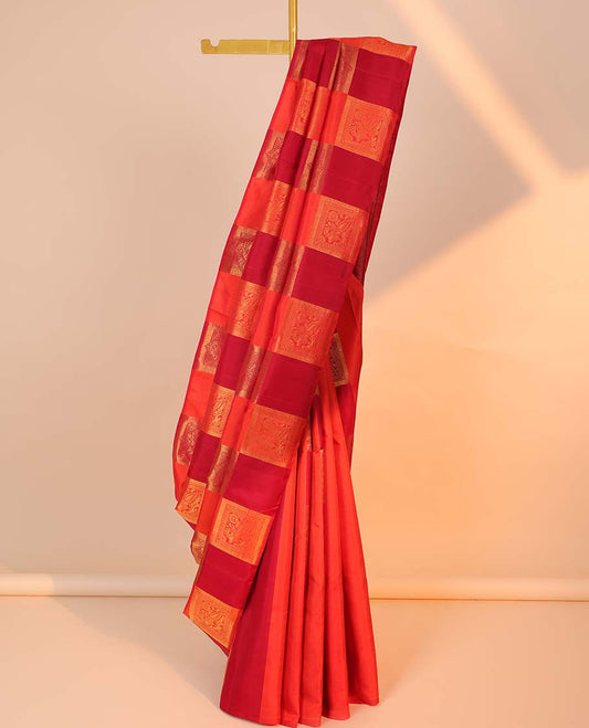 Borderless multi-color zari buttas enclosed checked Kanchipuram silk saree, pallu of intricate designs