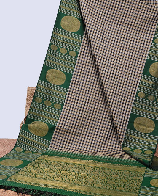 Multi-color checked Kanchipuram silksaree,contrast korvai border of muthu,laddu kamalam,mayil,chakra & lotus floral jaal