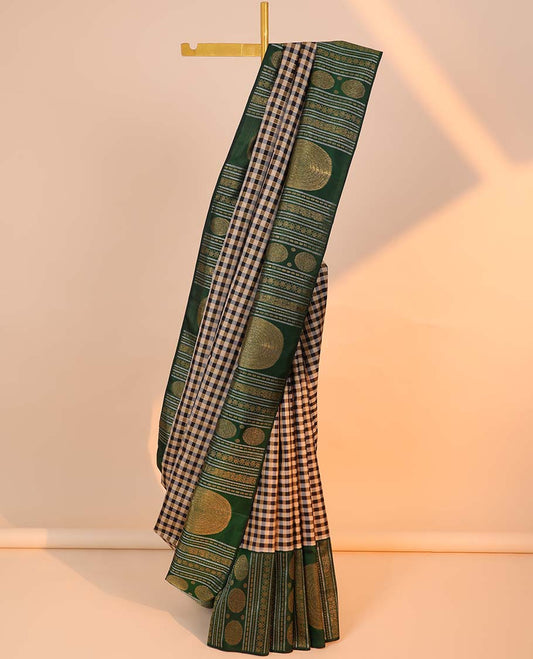 Multi-color checked Kanchipuram silksaree,contrast korvai border of muthu,laddu kamalam,mayil,chakra & lotus floral jaal