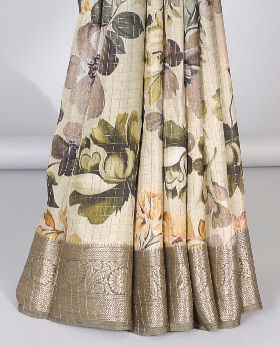 Cream floral printed & checked semi-banaras dola silksaree,contrast traditional zari border & checked floral print pallu