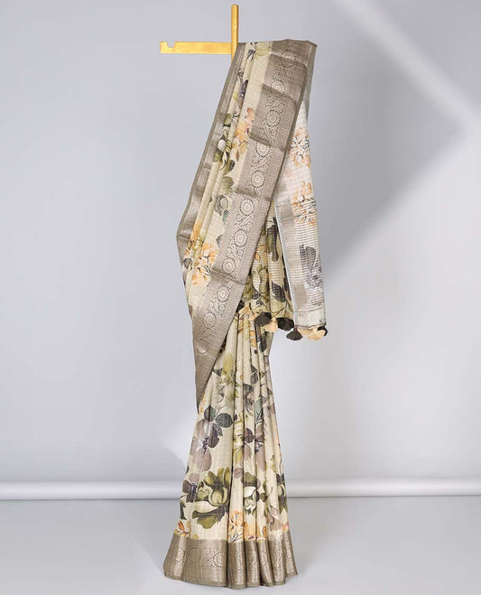 Cream floral printed & checked semi-banaras dola silksaree,contrast traditional zari border & checked floral print pallu