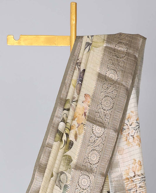 Cream floral printed & checked semi-banaras dola silksaree,contrast traditional zari border & checked floral print pallu