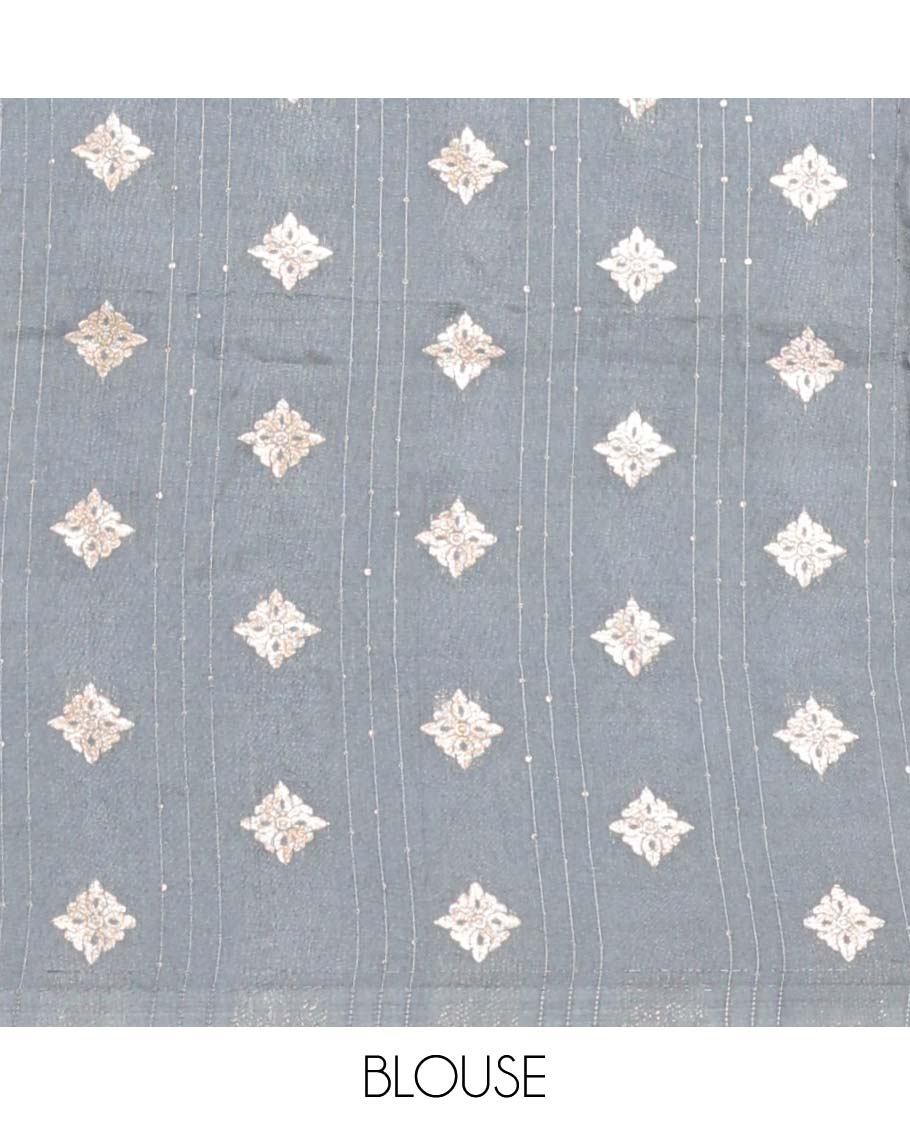 Grey floral printed & checked semi-banaras dola silksaree, traditional border & printed pallu of stripes