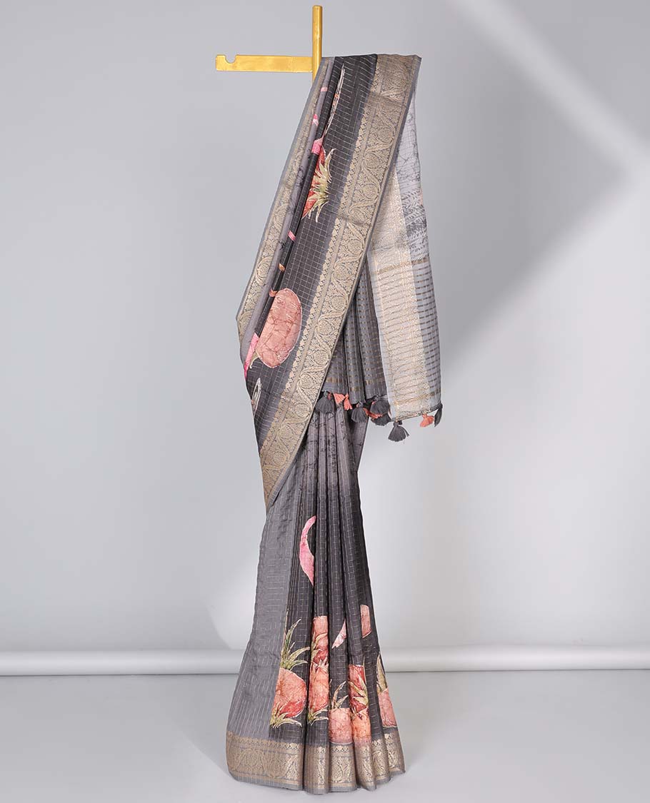 Grey floral printed & checked semi-banaras dola silksaree, traditional border & printed pallu of stripes