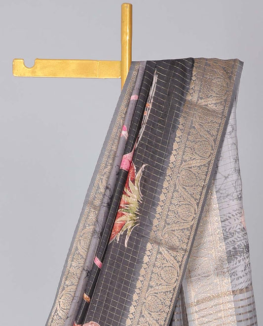 Grey floral printed & checked semi-banaras dola silksaree, traditional border & printed pallu of stripes