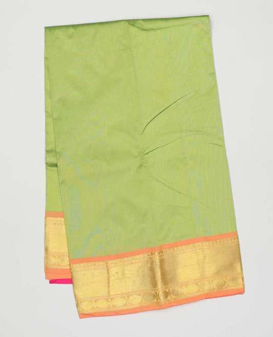 Green plain design gift saree, contrast traditional zari design border