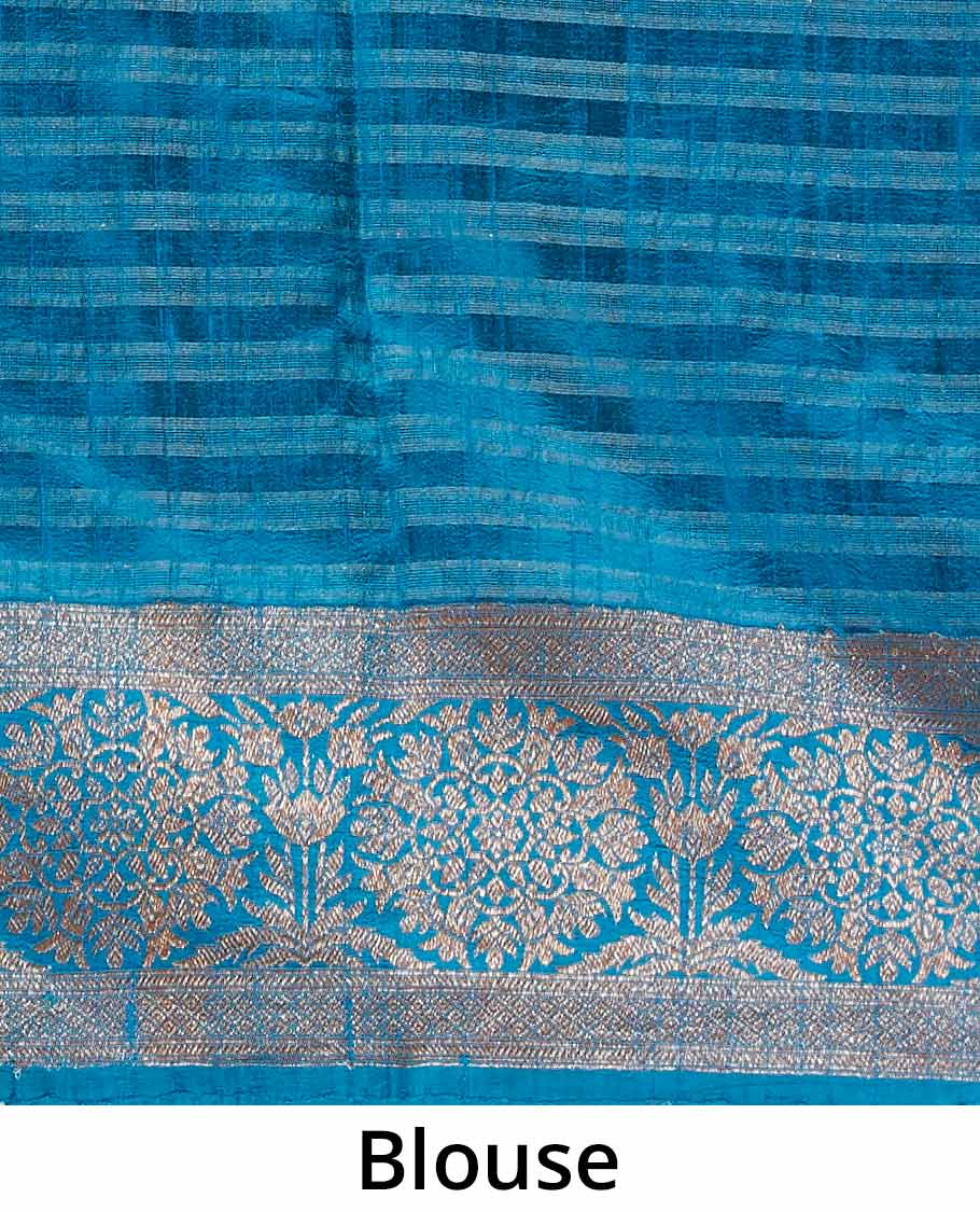 Blue striped dupion silk saree with zari buttas, zari border of floral designs