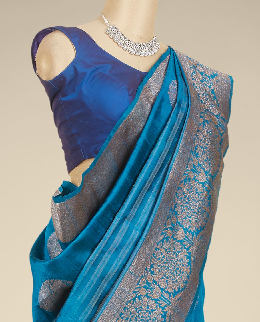 Blue striped dupion silk saree with zari buttas, zari border of floral designs
