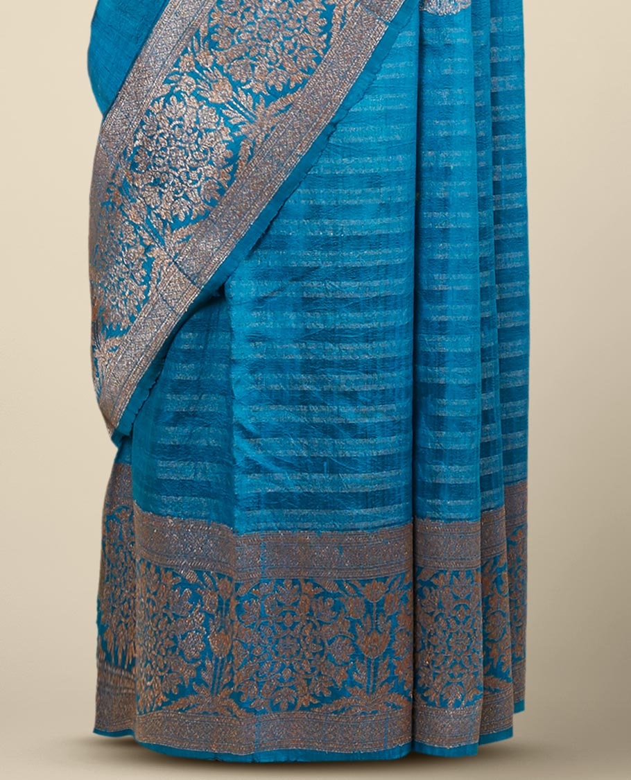 Blue striped dupion silk saree with zari buttas, zari border of floral designs