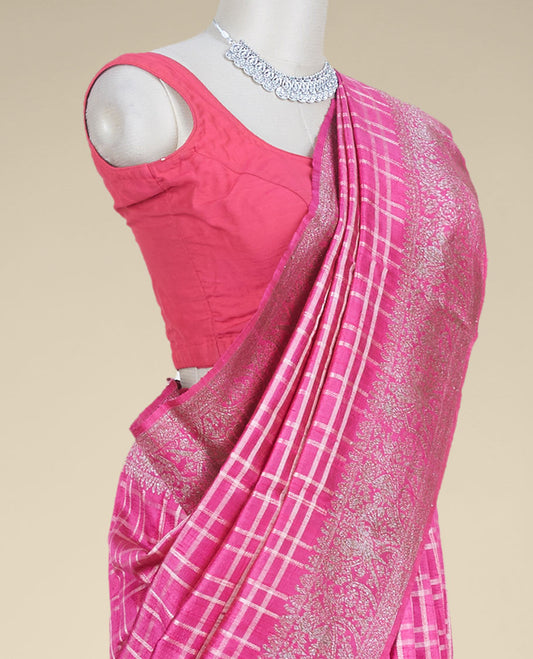 Pink checked design dupion silk saree, traditional zari border