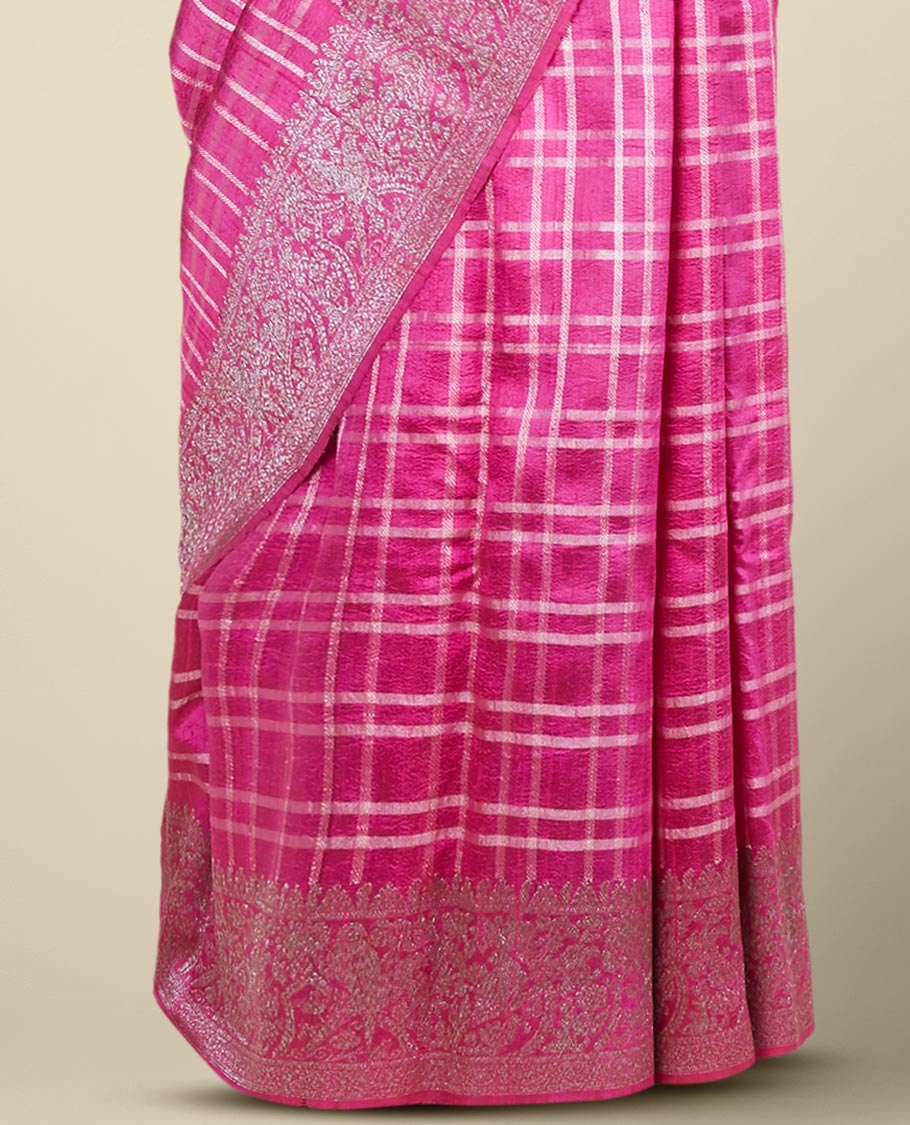 Pink checked design dupion silk saree, traditional zari border
